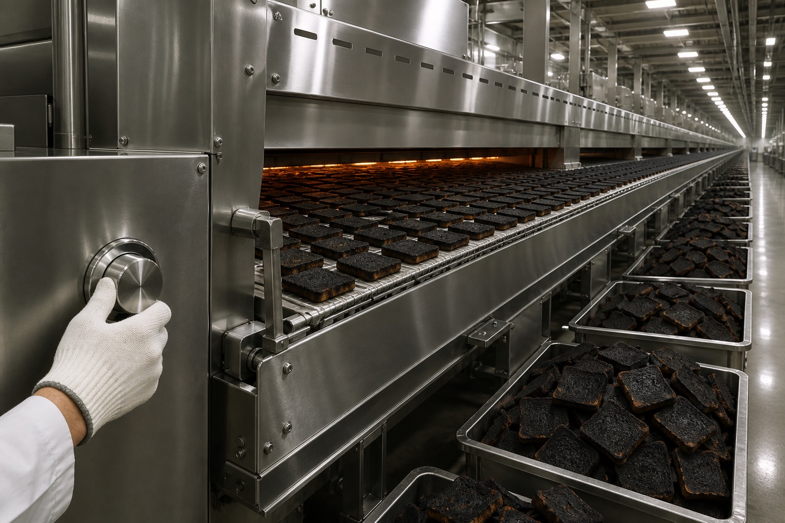 A fast industrial oven produces trays of burnt toast while a gloved hand adjusts the control
