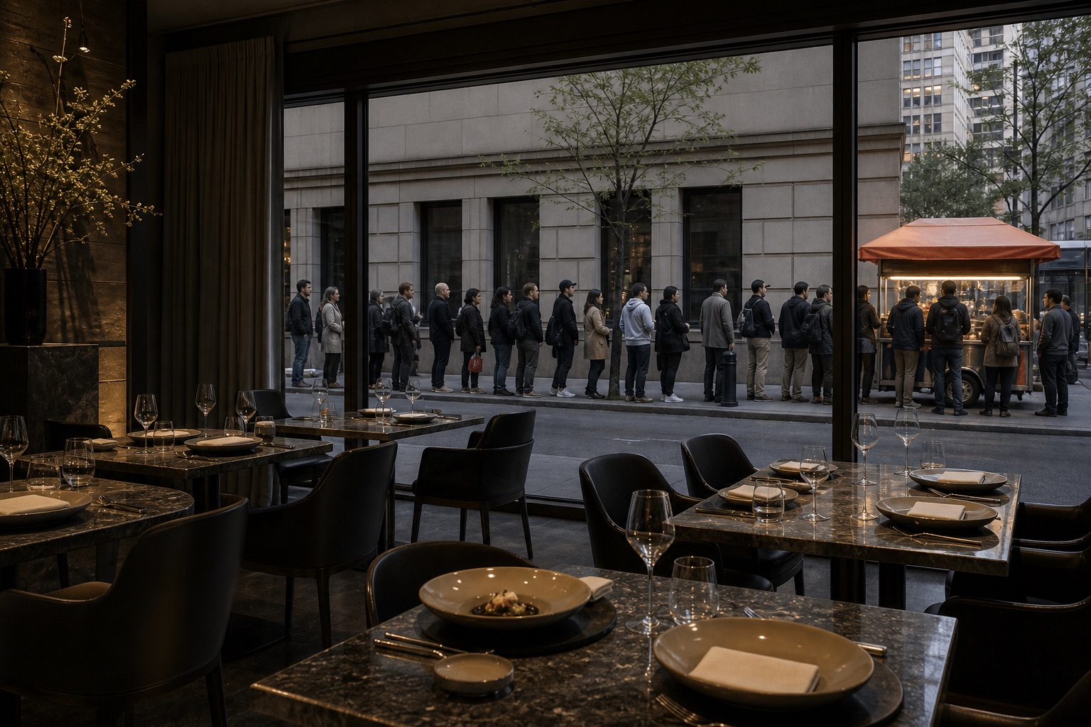 An empty award-winning restaurant faces a long line of customers choosing a modest street cart