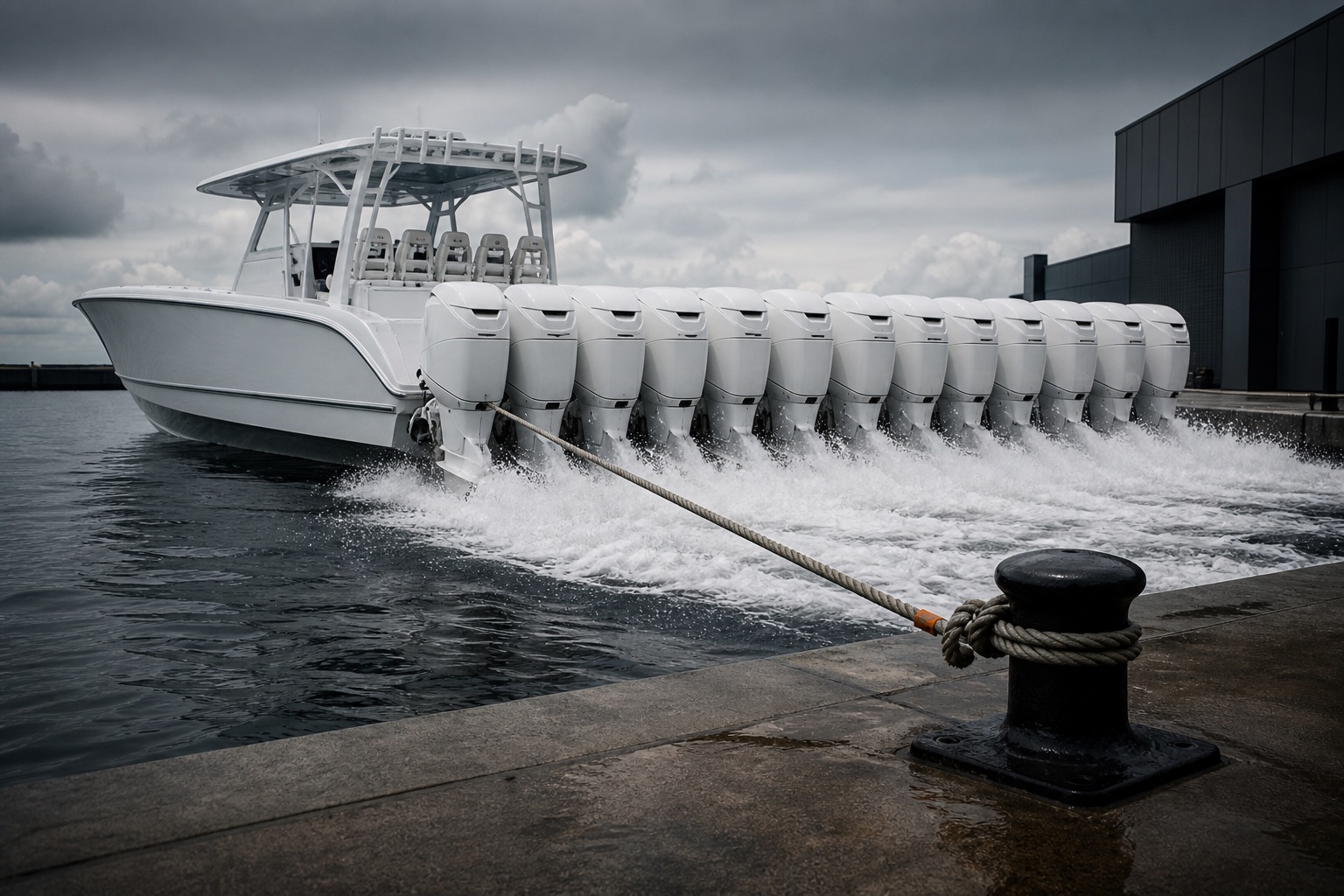 An overpowered boat runs twelve engines while a single rope keeps it tied to the dock