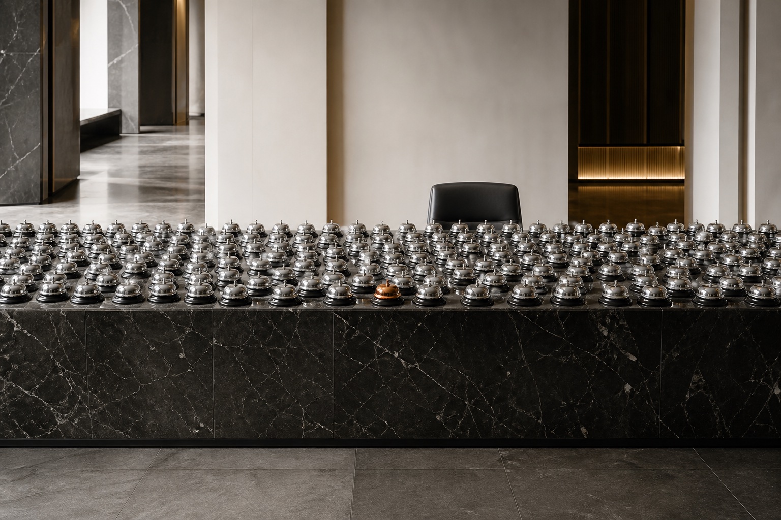 An empty reception desk covered with unanswered service bells