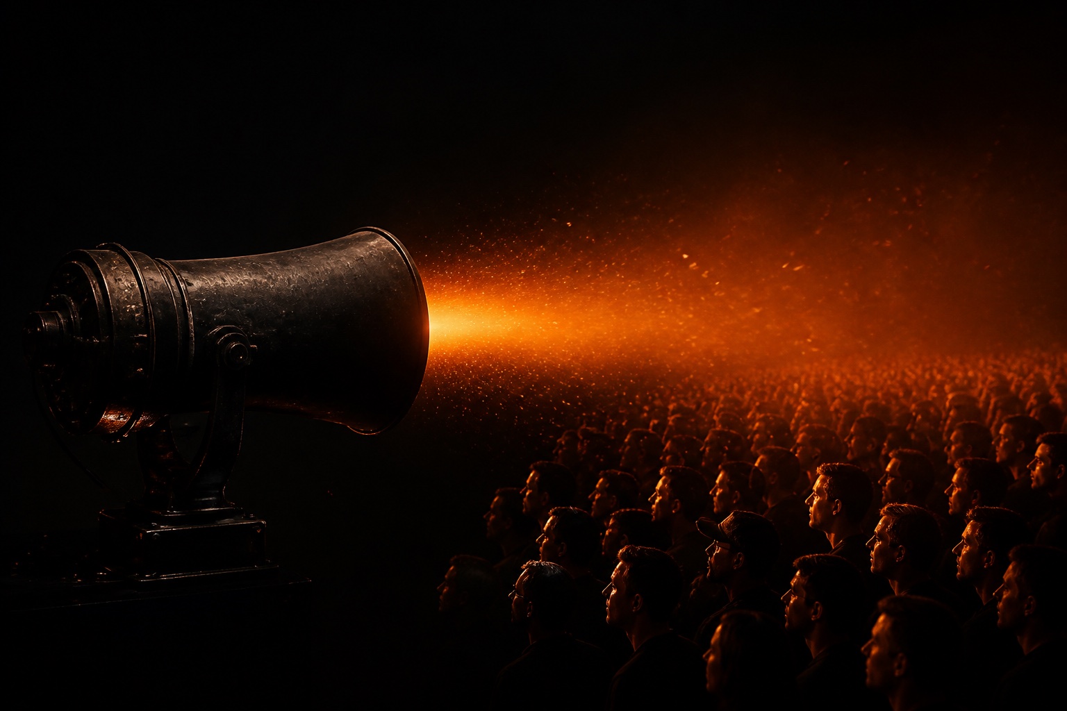 A dark industrial loudspeaker directs a focused orange beam toward a crowd
