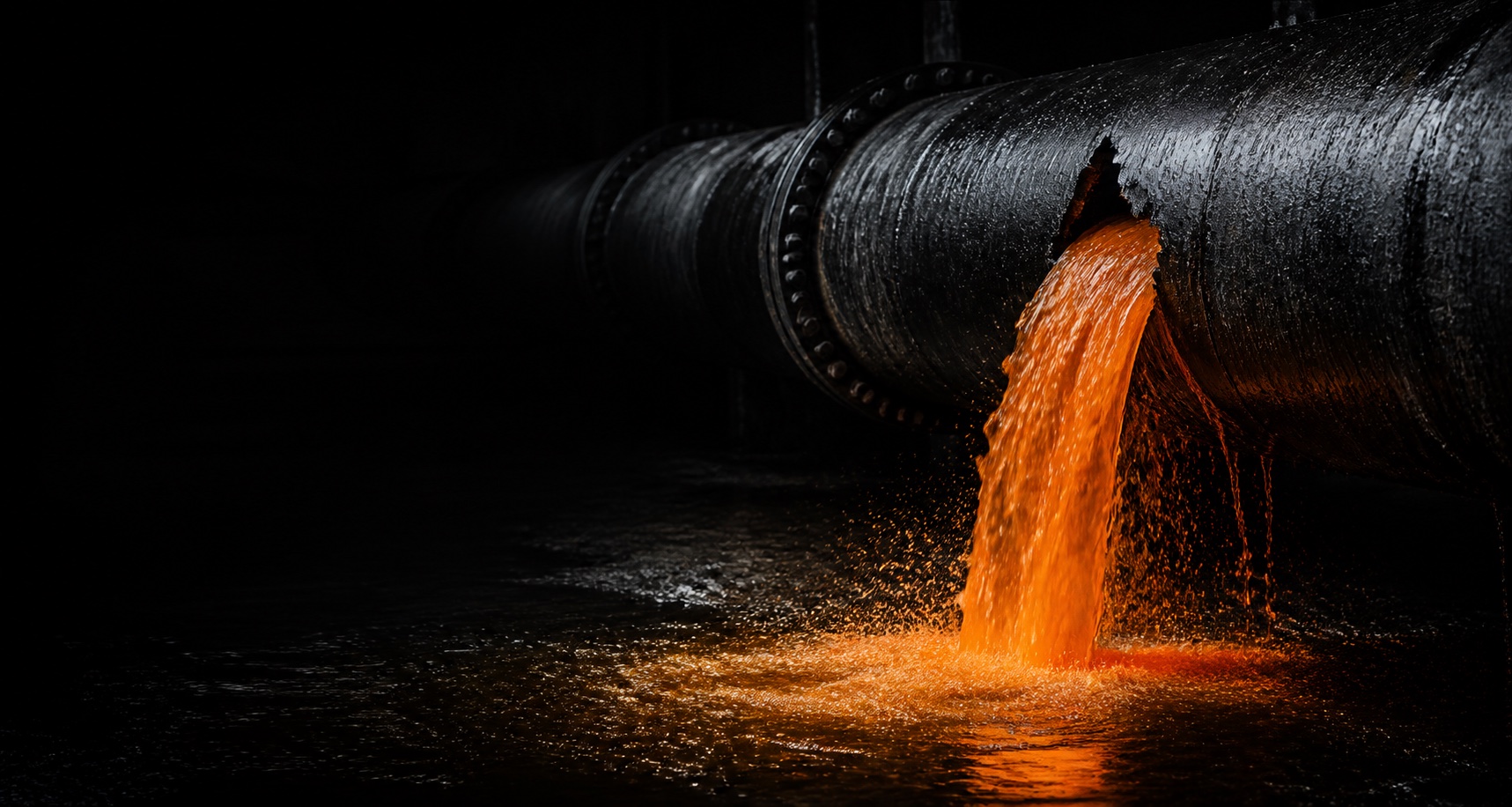 A large industrial pipe continues carrying flow while orange liquid escapes through a rupture